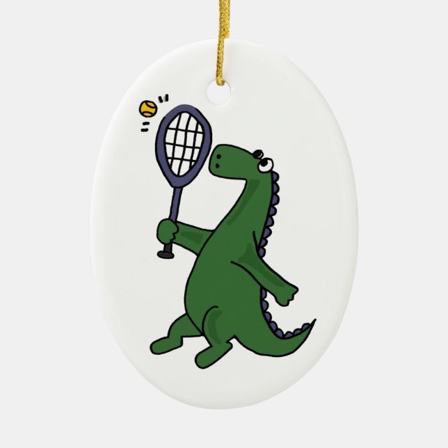 Funky Dinosaur Playing Tennis Cartoon Ceramic Ornament (Front)