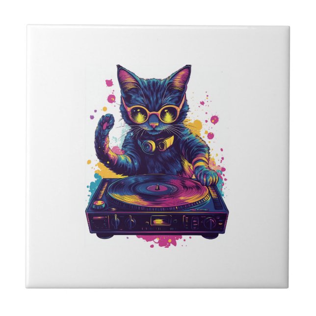 Funky DJ Cat � Retro Disco Kitty Party Tile (Front)