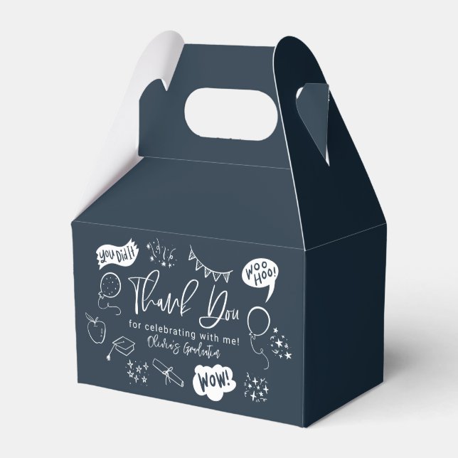 Funky Doodle Graduation Party Navy Blue Favor Box (Front Side)