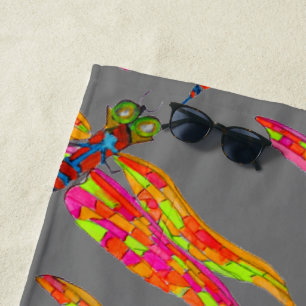 Funky dragonfly art beach style towel