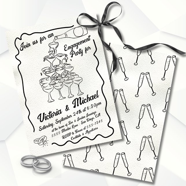 Funky Drawn Cheers Champagne Engagement Party Invitation (Creator Uploaded)
