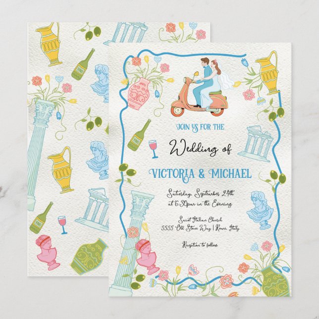 Funky Drawn Italian Bride Groom on scooter Wedding Invitation (Front/Back)