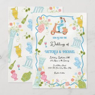 Funky Drawn Italian Bride Groom on scooter Wedding Invitation