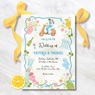 Funky Drawn Italian Bride Groom on scooter Wedding Invitation