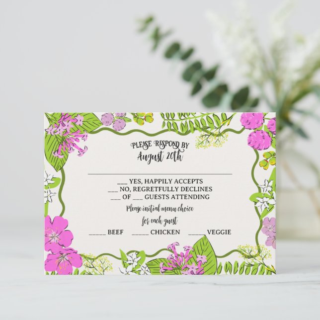 Funky Drawn Tropical Destination RSVP Cards (Standing Front)