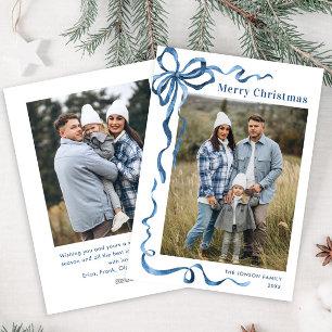 Funky Dusty Blue Christmas Bow Ribbon 2 Photo Holiday Card