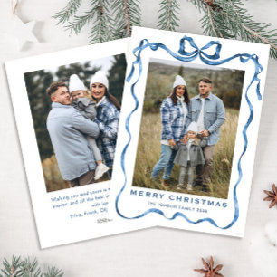 Funky Dusty Blue Christmas Bow Ribbon 2 Photo Holiday Card