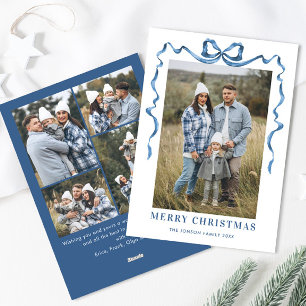 Funky Dusty Blue Christmas Bow Ribbon 5 Photo Holiday Card