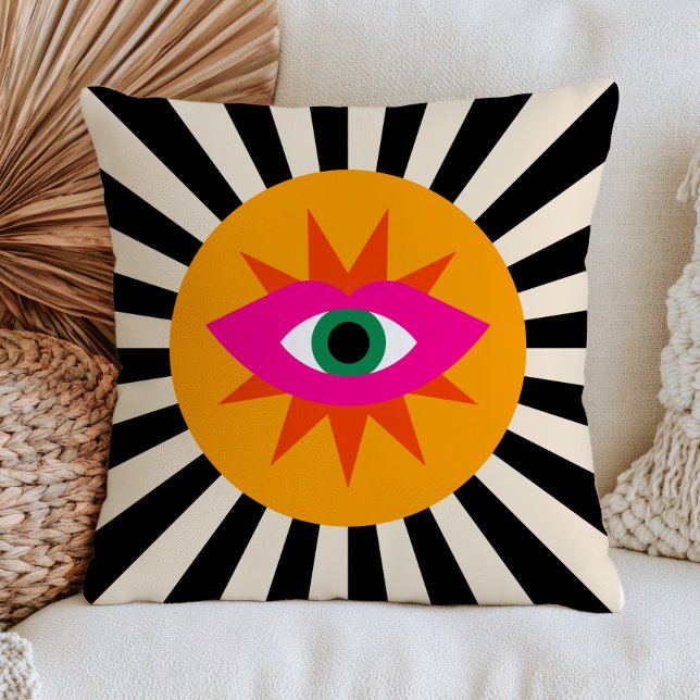 Funky Evil Eye Black Stripes Maximalist Dopamine  Throw Pillow (Creator Uploaded)