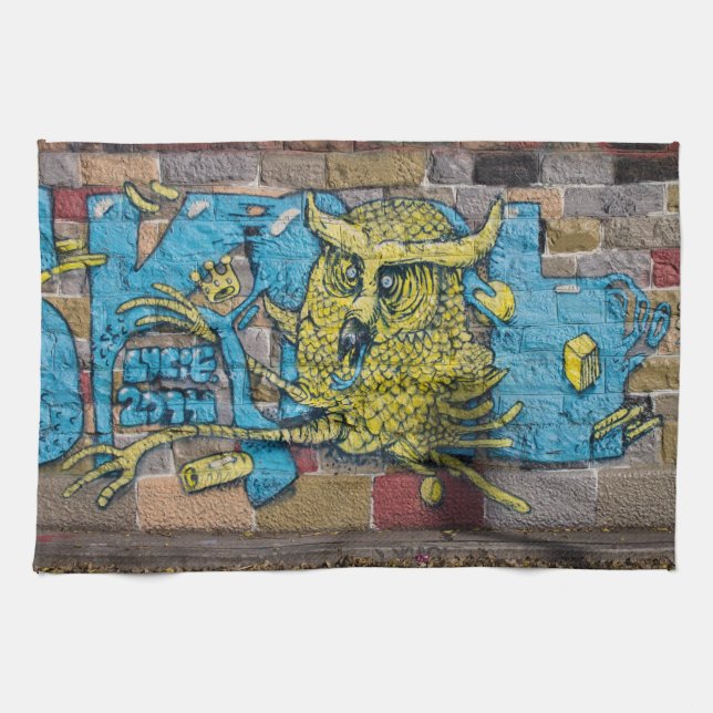 Funky Fantasy Horned Owl Graffiti Kitchen Towel (Horizontal)