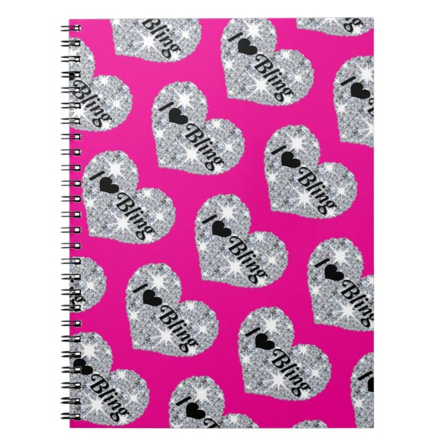Funky faux diamond I love bling design on hot pink Notebook (Front)