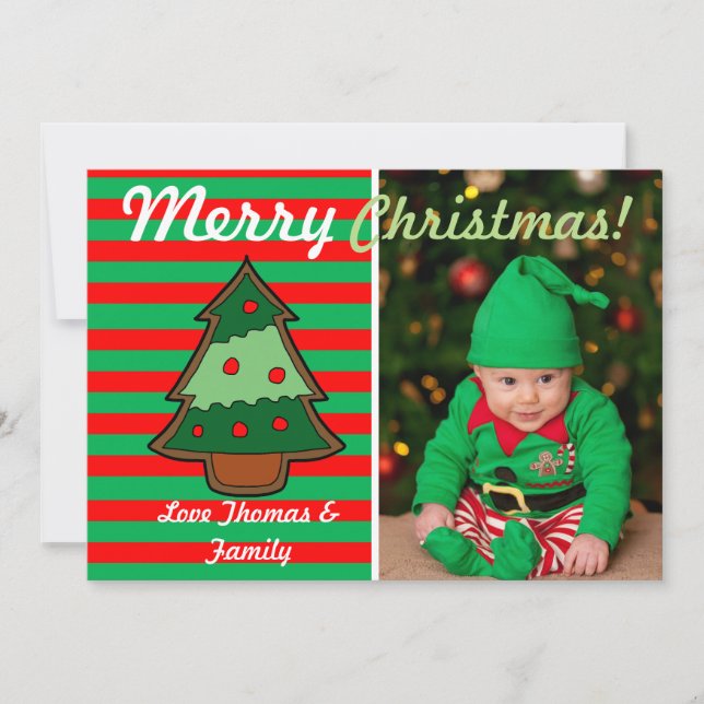 Funky Festive Tree and Elf Stripes Custom Photo Holiday Card (Front)