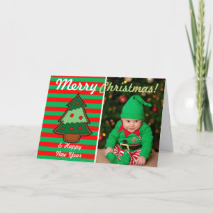 Funky Festive Tree and Elf Stripes Custom Photo Holiday Card