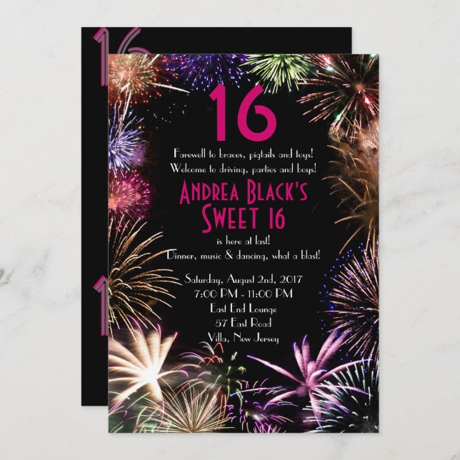 Funky Fireworks Sweet 16 Anniversaire Invitation (Devant / Derrière)