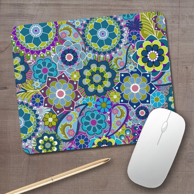 Funky Floral Pattern in trendy colours Mouse Pad (Funky retro flowers)