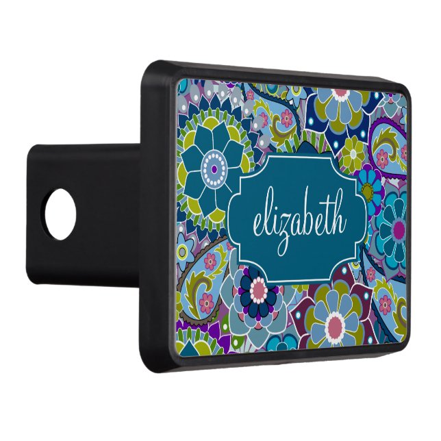 Funky Floral Pattern with Custom Name Trailer Hitch Cover (Right)