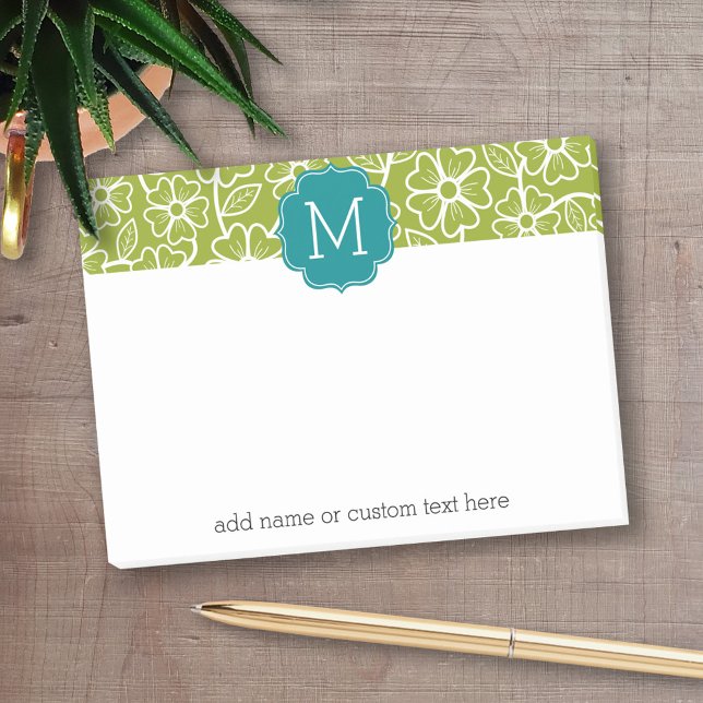 Funky floral pattern with Custom Teal Monogram Post-it Notes (Personalized post-it notes with an area to add your name or other text)