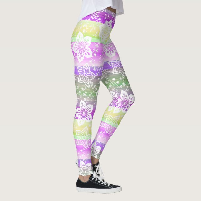 Funky Floral Purple Lime Green Stripes Pattern Leggings (Right)