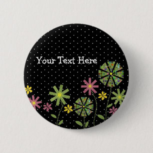 Funky flower border on black background with white 2 inch round button