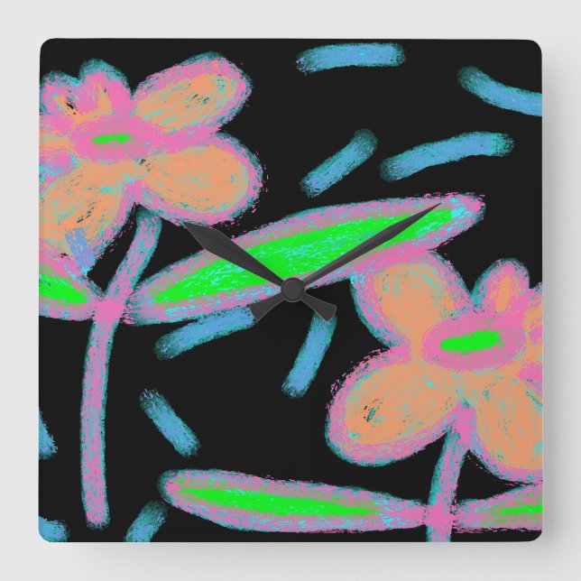 Funky Flowers Abstract Art Square Wall Clock (Front)