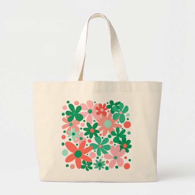 Funky flowers in green, peach & coral large tote bag (Front)