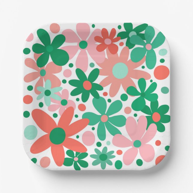 Funky flowers in green, peach & coral paper plate (Front)