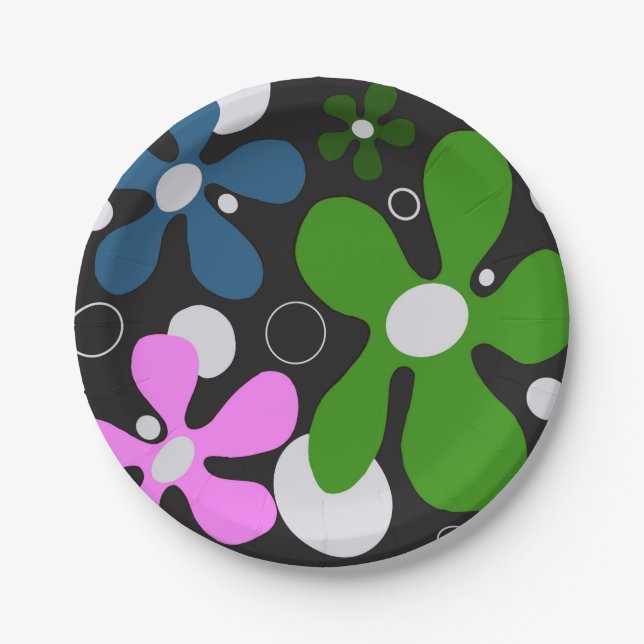 Funky flowers in green, pink, & blue paper plate (Front)