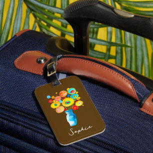 Funky flowers watercolor art luggage tag