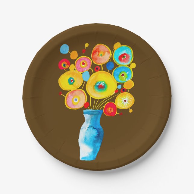 Funky flowers watercolor art paper plate (Front)