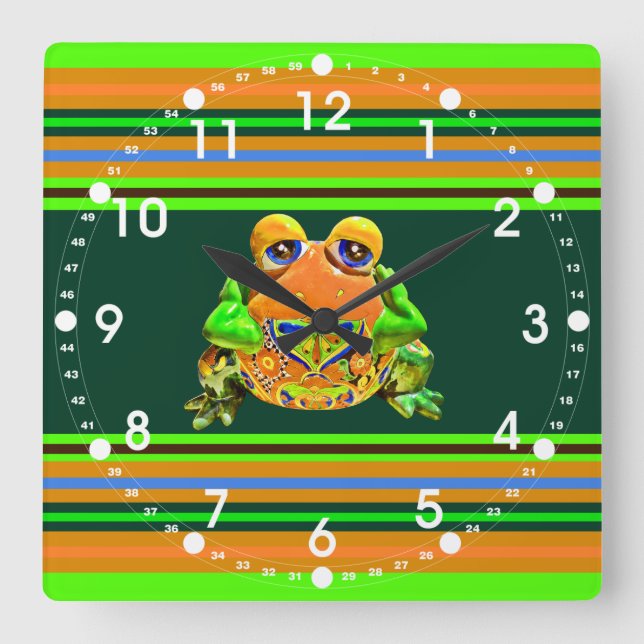 Funky Frog Orange Green Striped Novelty Gifts Square Wall Clock (Front)