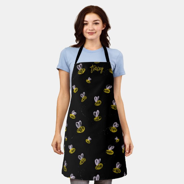 Funky fun bumble bees on black apron (Worn)