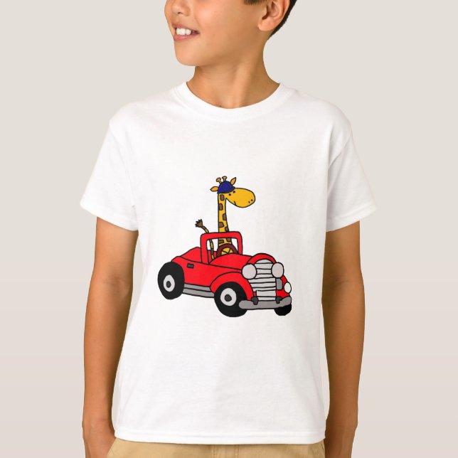 Funky Giraffe Driving Red Convertible T-Shirt (Front)
