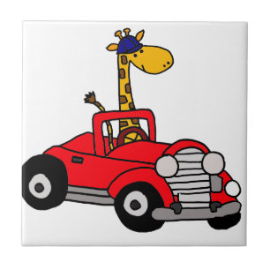 Funky Giraffe Driving Red Convertible Tile