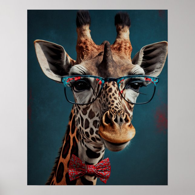 Funky Giraffe Hipster Funny Animal Portraits Poster (Front)
