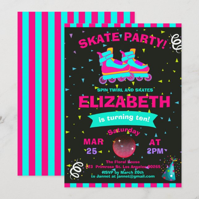 Funky Girl Roller Skate Chalkboard Birthday Party Invitation (Front/Back)