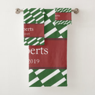 Funky Green Pattern Family Name and Year Modern Bath Towel Set