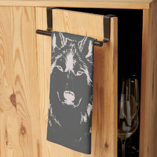 Funky Grey And White Wolf Face Head Kitchen Towel