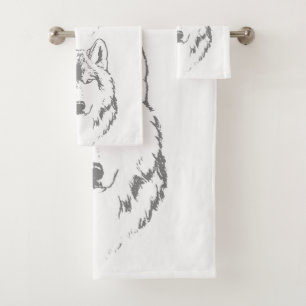 Funky Grey And White Wolf Face Head Sketch Bath Towel Set