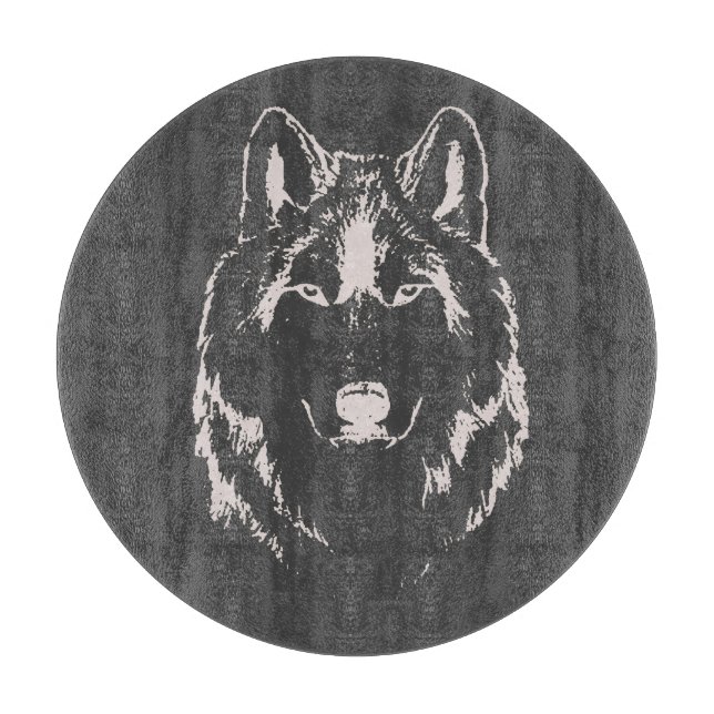Funky Grey And White Wolf Face Head Sketch Cutting Board (Front)