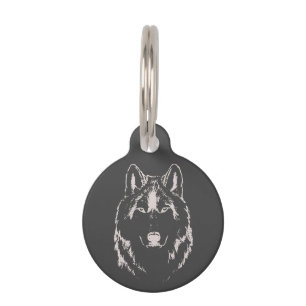 Funky Grey And White Wolf Face Head Sketch Pet Tag