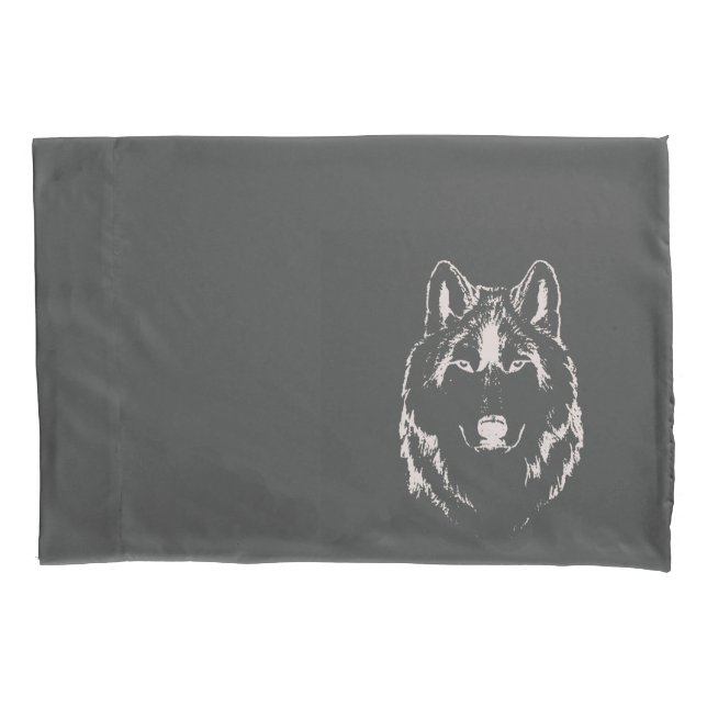 Funky Grey And White Wolf Face Head Sketch Pillowcase (Front)