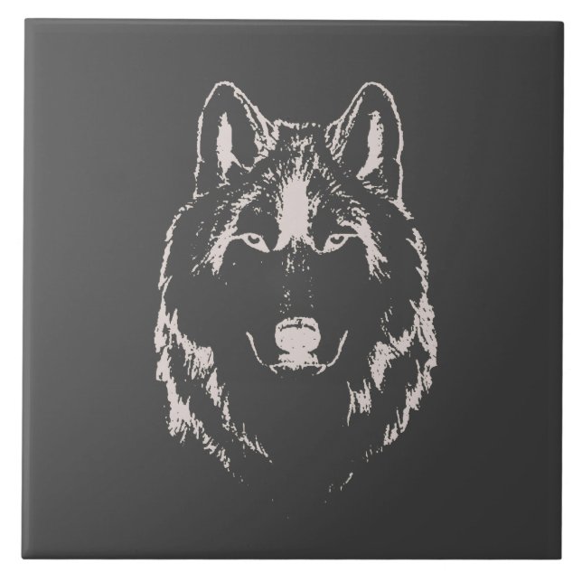 Funky Grey And White Wolf Face Head Sketch Tile (Front)