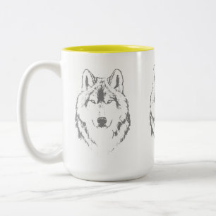 Funky Grey And White Wolf Face Head Sketch Two-Tone Coffee Mug