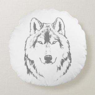 Funky Grey Wolf Face Head Sketch Round Pillow