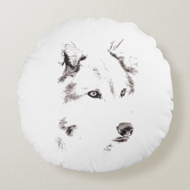 Funky Grey Wolf Face Head Sketch Round Pillow (Front)