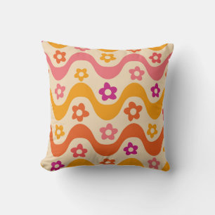 Funky Groovy flowers pattern on retro waves   Throw Pillow