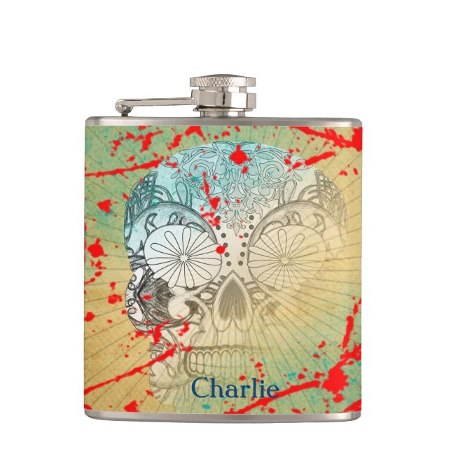 Funky Grunge Sugar Skull Personalized Hip Flask (Front)