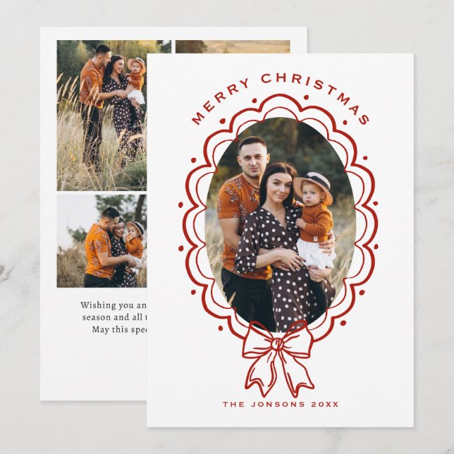Funky Hand Drawn Christmas Red Bow 5 Photo Holiday Card (Front/Back)