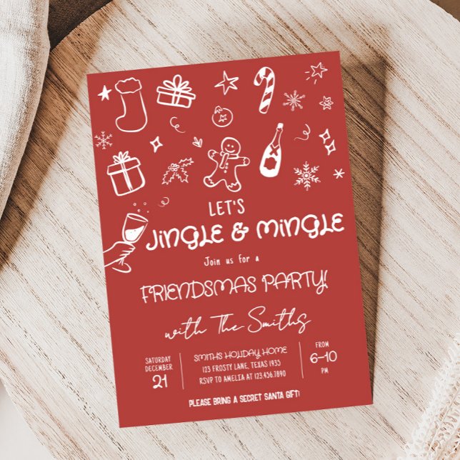 Funky Hand Drawn Jingle and Mingle Christmas Party Invitation (Jingle and Mingle Hand Drawn Christmas Party Invitation)