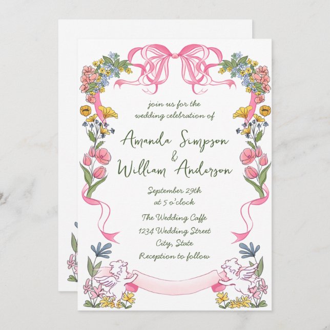 Funky Hand Drawn Scribble Retro Wedding QR code Invitation (Front/Back)